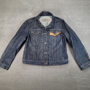 GAP‎ 1969 Limited Ed Y2K Womens Denim Jacket Distressed Leather Patchwork Sz Lg